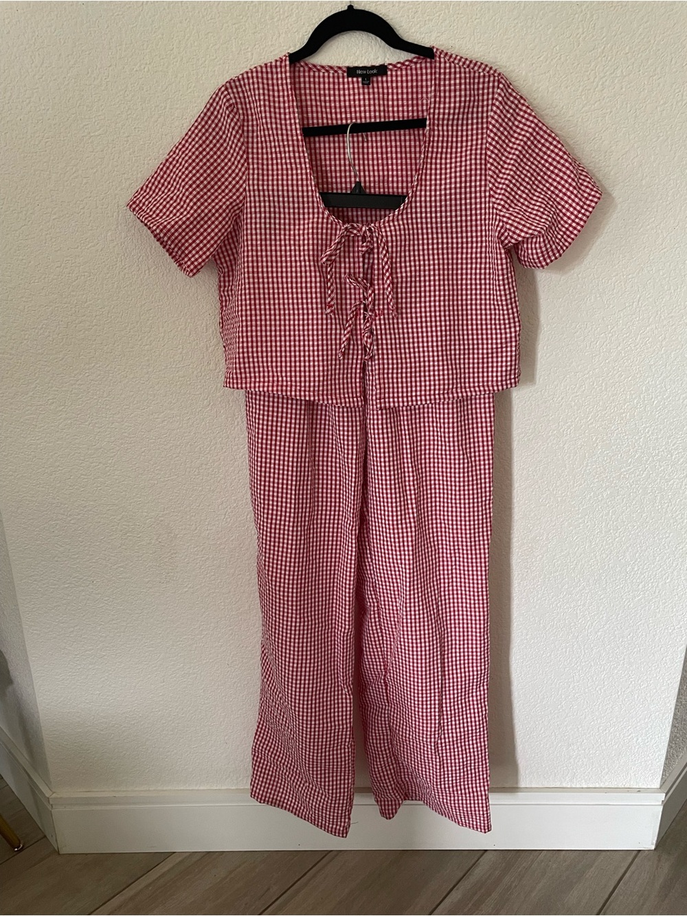 NWT New Look Red Gingham Tie Front Matching Set Wide Leg Pants Size Large